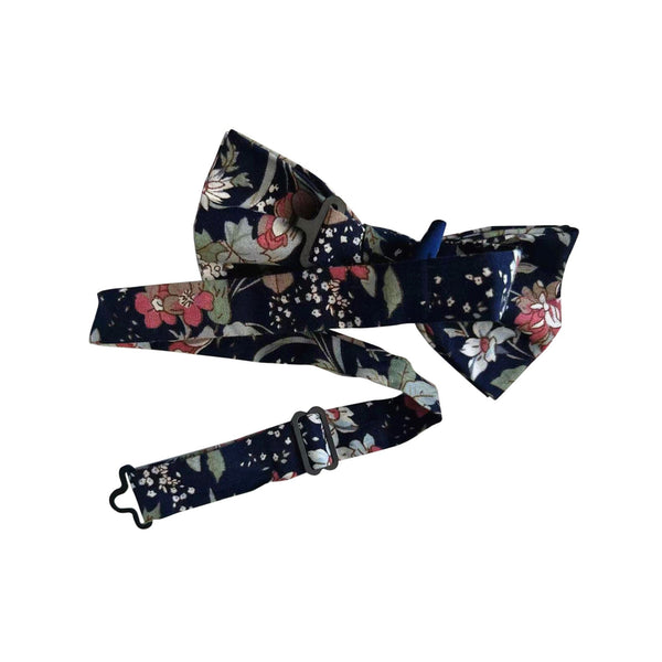 White and Pink on Dark Navy Floral Kids Bow Tie