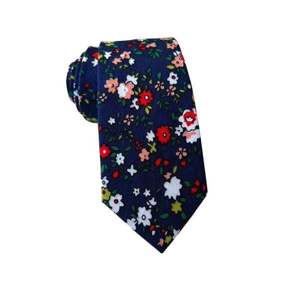 Navy Blue White and Maroon Floral Skinny Tie