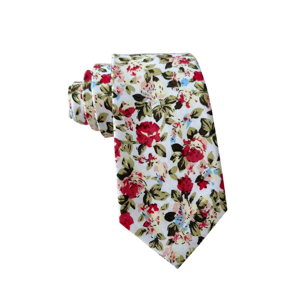 Maroon Green Floral On White Skinny Tie