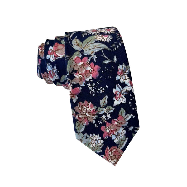 White and Pink on Dark Navy Floral Necktie