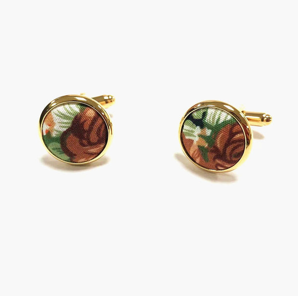 Orange Green Floral Gold Cufflinks