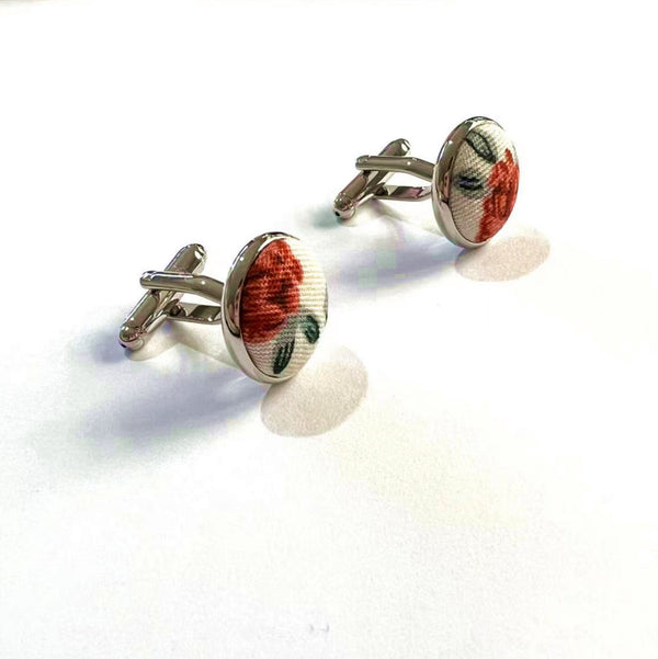 Orange Green Floral Silver Cufflinks