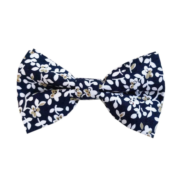 White Brown Floral On Navy Pre-tied Bow Tie