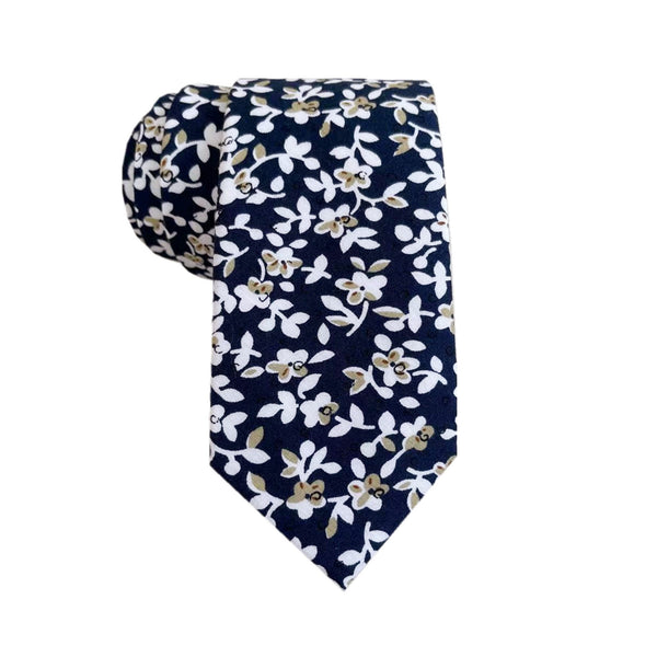 White Brown Floral On Navy Skinny Tie