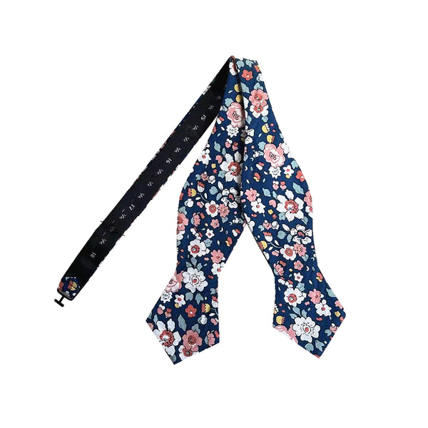 Navy Nude Pink Floral Self-tied Tip Bow Tie