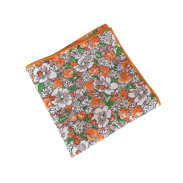 Orange Green &White Floral Pocket Square