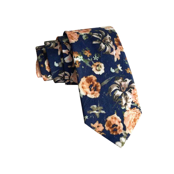 Navy Peach Floral Skinny Tie