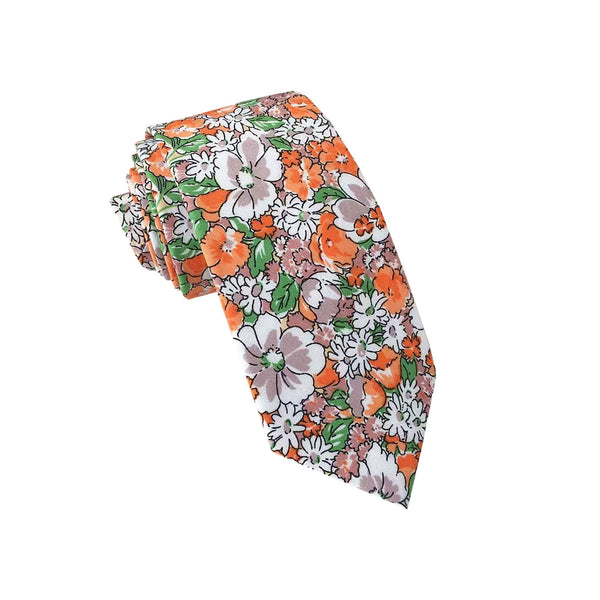 Orange Green &White Floral Skinny Tie