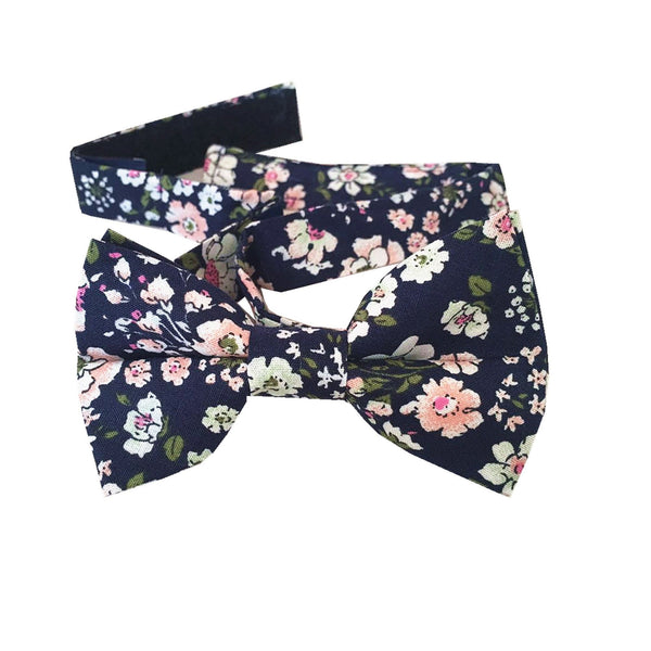 Navy Blue Peach Floral Kids Bow Tie