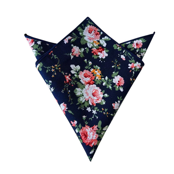 Navy Pink White Floral Pocket Square