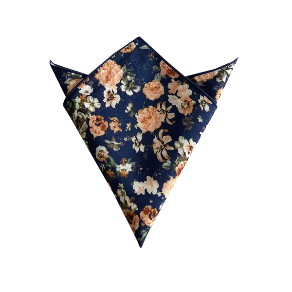 Navy Peach Floral Pocket Square