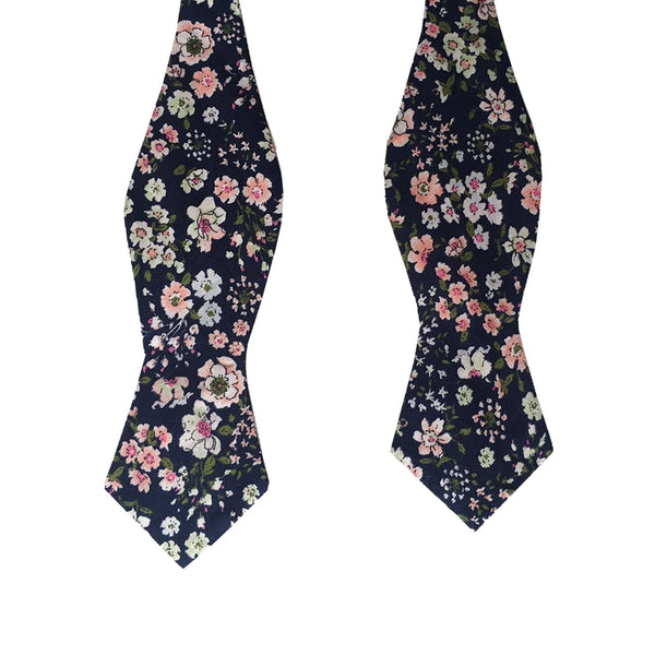 Navy Blue Peach Floral Self-tied Tip Bow Tie