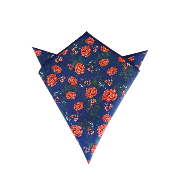 Terracotta Floral On Navy Pocket Square