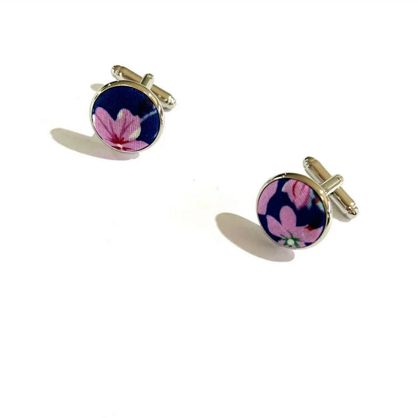 Navy Purple Floral Silver Cufflinks