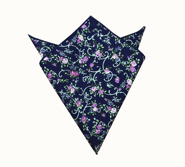 Navy with Green String Purple Floral Pocket Square