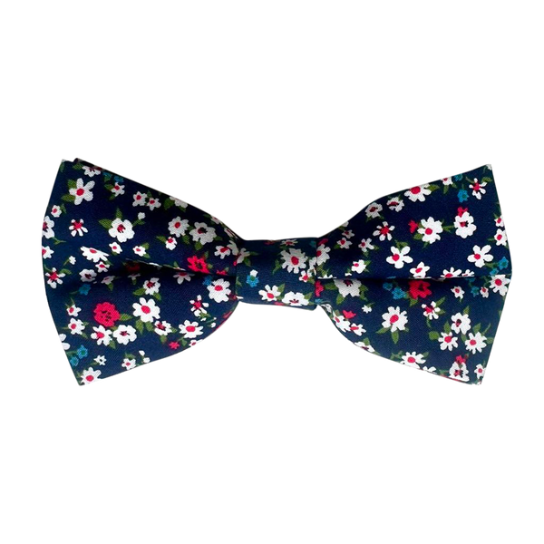 White Red Floral On Navy Blue Pre-tied Bow Tie