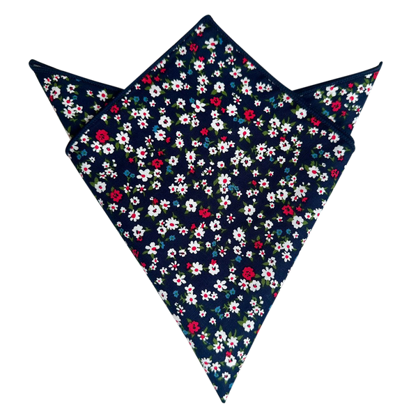 White Red Floral On Navy Blue Pocket Square