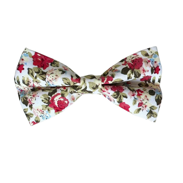 Maroon Green Floral On White Pre-tied Bow Tie