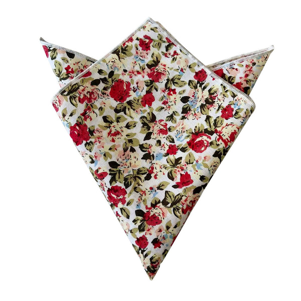 Maroon Green Floral On White Pocket Square