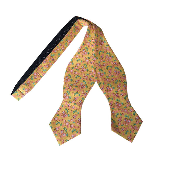 Pink Floral On Yellow Self-tied Diamond Bow Tie